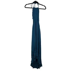 XJFMC Womens Halter Tie Smocked Bust Ruffle Hem Ocean Blue Maxi Dress Small